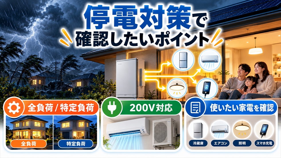 停電時に家庭用蓄電池で冷蔵庫・エアコン・照明・スマートフォンを使うための確認ポイントを説明するイメージ