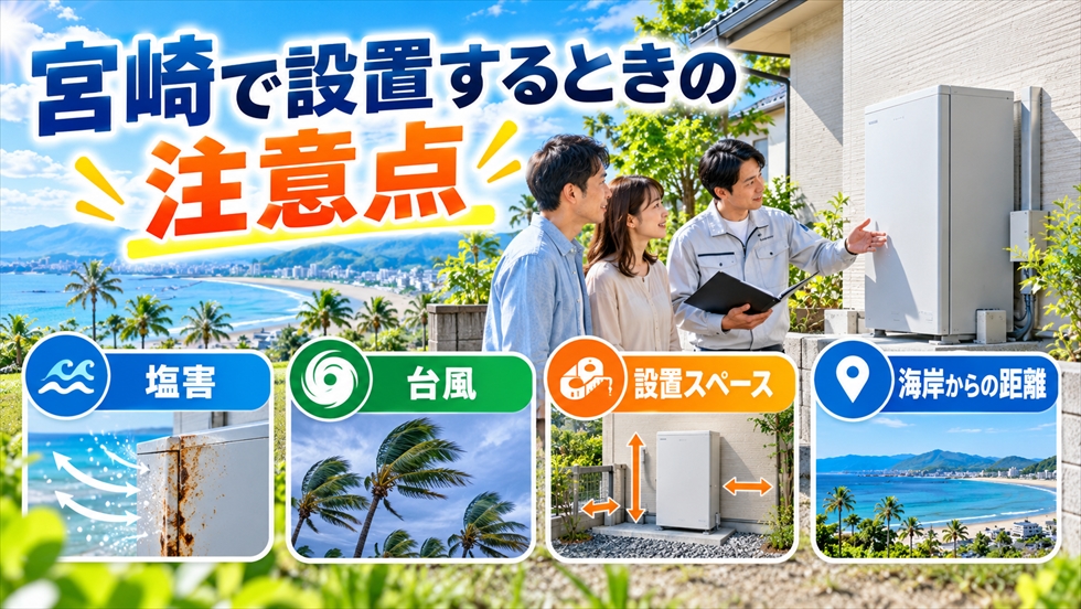 宮崎で家庭用蓄電池を設置する際の塩害・台風・設置スペース・海岸からの距離を確認するイメージ