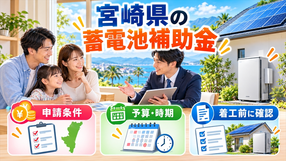 宮崎県で家庭用蓄電池の補助金を利用する際の申請条件・予算・申請時期・着工前確認を説明するイメージ