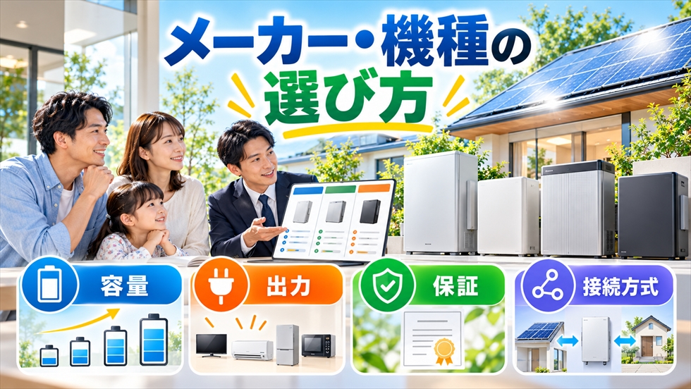 家庭用蓄電池を容量・出力・保証・太陽光との接続方式から比較して選ぶイメージ