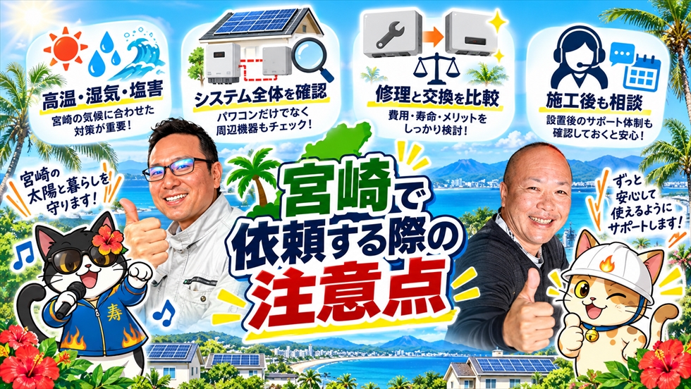 9宮崎でパワコン修理交換を依頼する際の設置環境・システム確認・修理交換比較・施工後サポート