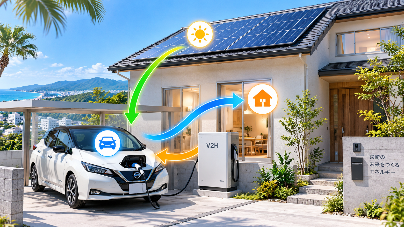 太陽光発電とV2Hを連携してEVの電気を家庭で活用するイメージ