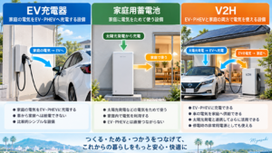 EV充電器・家庭用蓄電池・V2Hの違いと電気の流れを比較した図