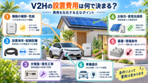 V2Hの設置費用を機器の種類・配線距離・分電盤工事・太陽光や蓄電池との連携・基礎工事・対応車種で確認するイメージ