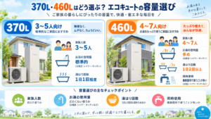 エコキュートの370Lと460Lの容量を家族人数やお湯の使い方で選ぶイメージ