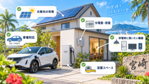 宮崎でV2H導入前に車種対応・太陽光発電・分電盤容量・設置スペース・停電時に使いたい家電を確認するイメージ
